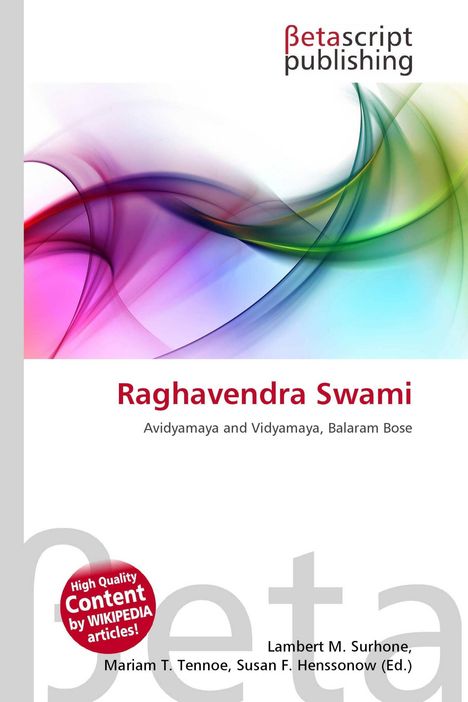 "Raghavendra Swami" in roter Schrift. Farbige, geschwungene Linien darüber. Oben "Betascript Publishing".