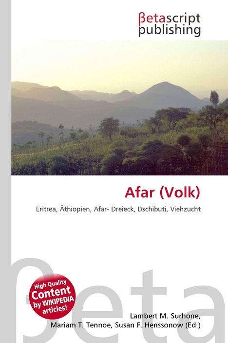 Logo von Betascript Publishing, Text: "Afar (Volk). Eritrea, Äthiopien, Afar-Dreieck, Dschibuti, Viehzucht." Landschaftsfoto mit Bergen.