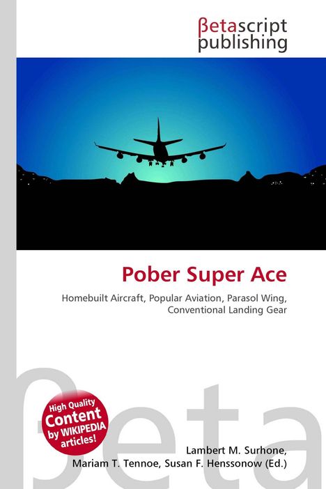 "Betascript publishing", "Pober Super Ace", "Homebuilt Aircraft...". Silhouette eines landenden Flugzeugs vor blauem Himmel.