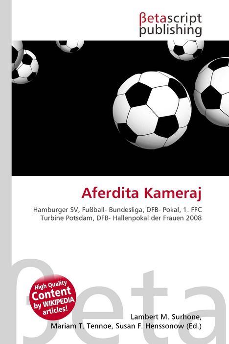 Aufschrift: "Aferdita Kameraj, Hamburger SV, Fußball-Bundesliga." Logo oben, darunter schwarz-weiße Fußbälle auf schwarzem Hintergrund.