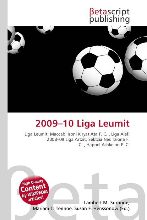 "2009–10 Liga Leumit" in Rot. Schwarzer Hintergrund mit schwebenden Fußballbällen. Logo: "Betascript publishing".