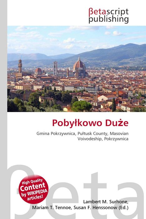 "Pobyłkowo Duże" steht in roter Schrift, darunter ein Landschaftsbild mit einer Stadtansicht und Bergen im Hintergrund.