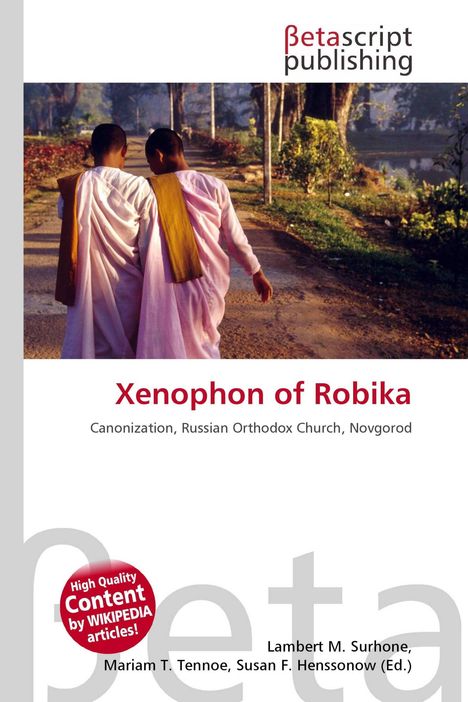 „Xenophon of Robika“, „Canonization, Russian Orthodox Church, Novgorod“. Zwei Personen in weißen Gewändern auf einem Weg.