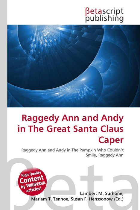 "Raggedy Ann and Andy in The Great Santa Claus Caper" steht in roter Schrift vor einem abstrakten blauen Muster.