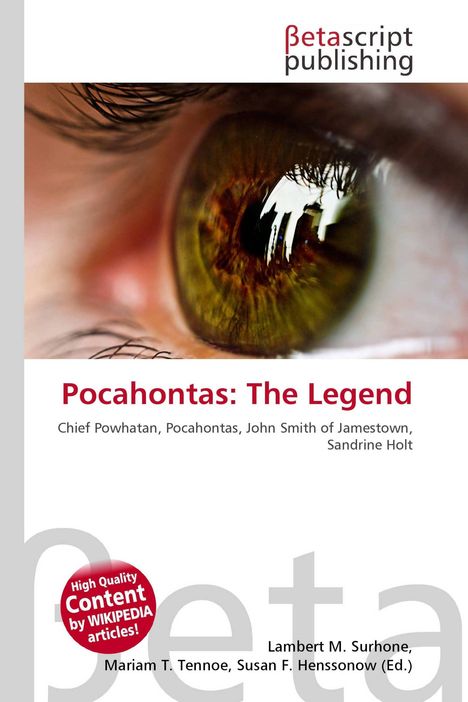 "Pocahontas: The Legend" in roter Schrift. Nahaufnahme eines Auges mit Landschaftsreflexion, Betascript-Publishing-Logo.
