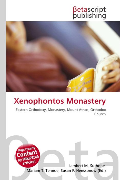 "Xenophontos Monastery" steht oben, darunter Details zu Ostorthodoxie. Ein unscharfer Mensch liest ein Buch.
