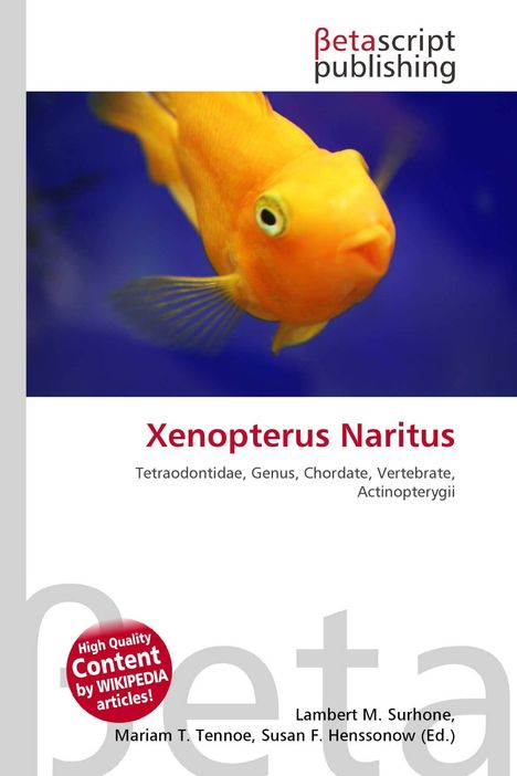 "Xenopterus Naritus" steht in roter Schrift. Ein orangefarbener Fisch schwimmt vor einem blauen Hintergrund.