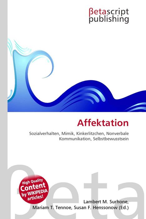 „Affektation“ in rotem Text. Blaue Wellenillustration, Betascript Publishing, Thema: Sozialverhalten und Kommunikation.