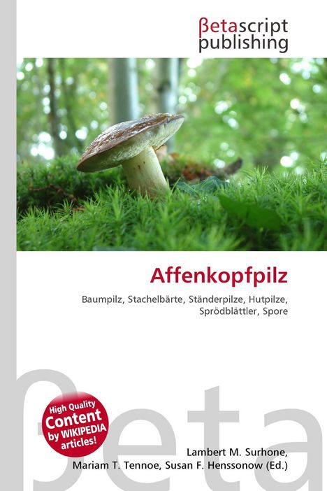 Text: "Affenkopfpilz," "Baumpilz, Stachelbärte, Ständerpilze." Ein Pilz auf grünem Moos im Wald, unscharfer Hintergrund.