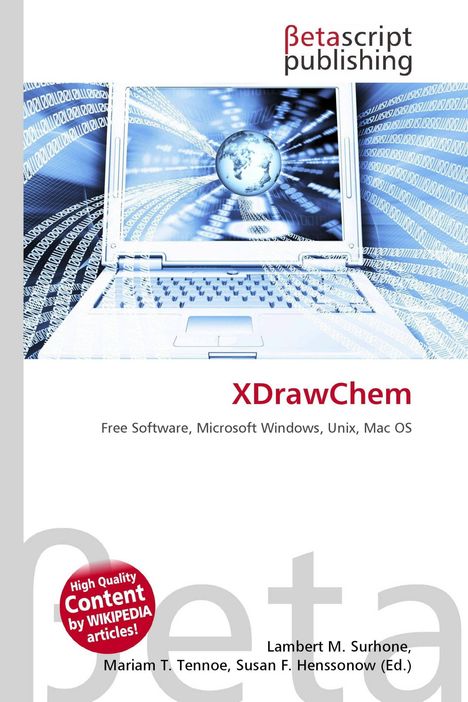 "XDrawChem", "Free Software, Microsoft Windows, Unix, Mac OS". Grafik eines Laptops mit Weltkugel auf dem Bildschirm.