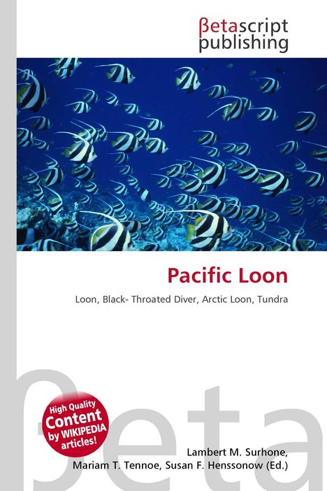 "Pacific Loon" steht über einem Bild von schwarz-weiß gestreiften Fischen in blauem Wasser. Logo von Betascript Publishing.