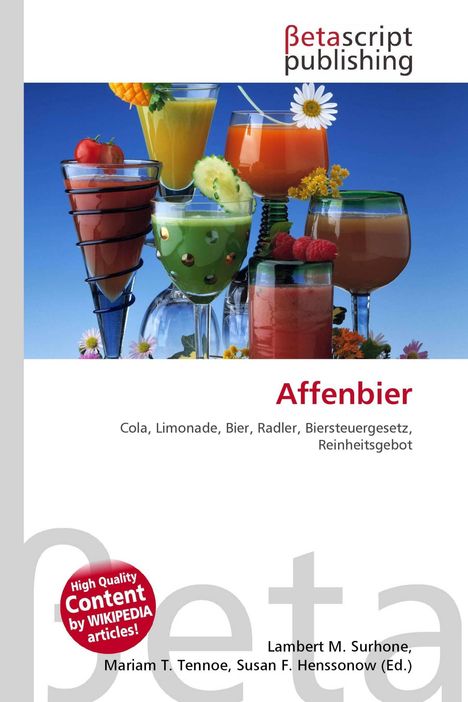 "Affenbier. Cola, Limonade, Bier, Radler, Biersteuergesetz, Reinheitsgebot." Logo mit Getränken in bunten Gläsern.