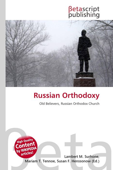 "Russian Orthodoxy, Old Believers, Russian Orthodox Church" steht über einer Statue im Schnee, umgeben von Bäumen.