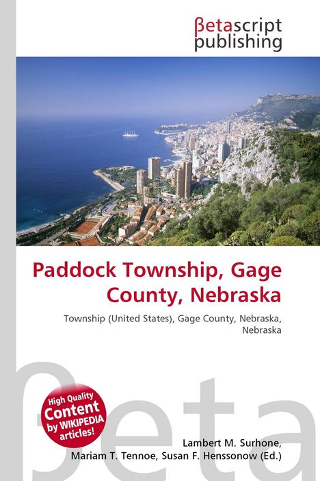 "Paddock Township, Gage County, Nebraska" in roter Schrift. Luftbild einer Küstenstadt im Hintergrund.