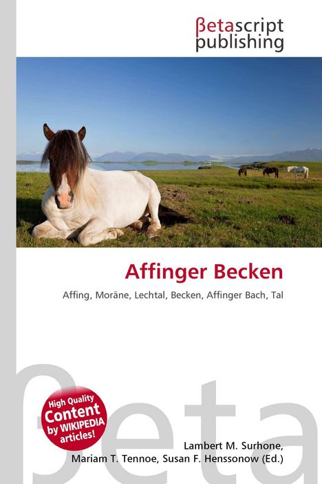 Logo: Betascript Publishing. Haupttext: „Affinger Becken“. Bild: Pferd liegt auf einer Wiese, im Hintergrund Berge.