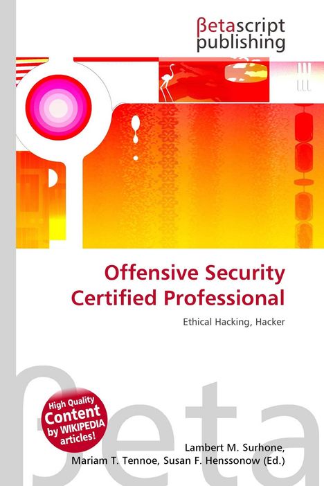 Text: "Offensive Security Certified Professional: Ethical Hacking, Hacker." Rotes und orangefarbenes abstraktes Design.