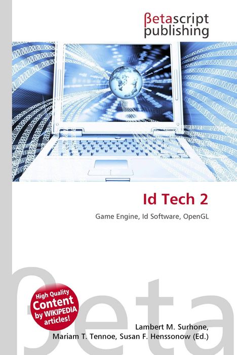 "Id Tech 2: Game Engine, Id Software, OpenGL" steht über einem blauen, digitalen Laptop mit Erde auf dem Bildschirm.