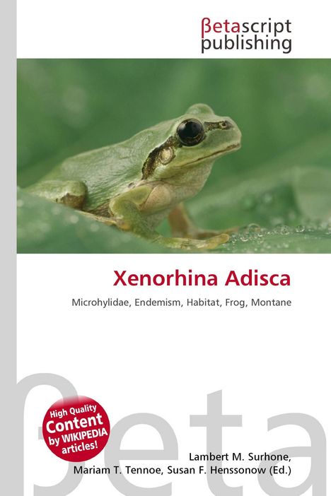 "Xenorhina Adisca", Microhylidae, Frosch auf Blatt, grüner Hintergrund. "betascript publishing" Logo oben.