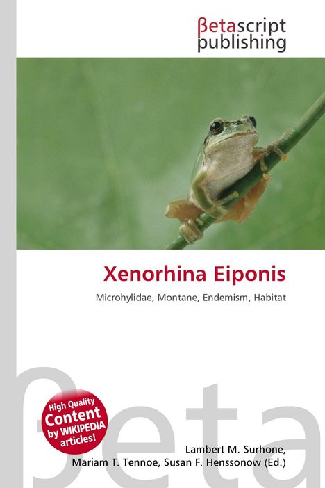"Xenorhina Eiponis" in Rot; "Microhylidae, Montane, Endemism, Habitat" darunter. Frosch auf einem grünen Hintergrund.