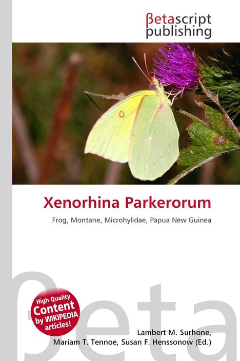"Xenorhina Parkerorum. Frosch, Montane, Microhylidae, Papua-Neuguinea. Ein gelber Schmetterling auf einer violetten Blüte."