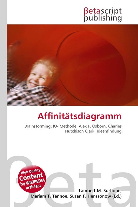 "Affinitätsdiagramm" ist prominenter Text. Logo: "Betascript publishing". Ein Kind lacht in einem unscharfen rötlichen Hintergrund.