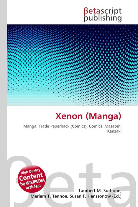 "Xenon (Manga)", Manga-Buchcover, blaues Muster, Betascript Publishing, rote Kreisplakette mit Wikipedia-Hinweis.