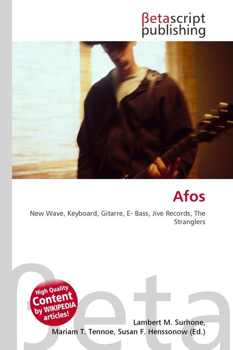 "Afos, New Wave, Keyboard, Gitarre, E-Bass, Jive Records, The Stranglers" über einem verschwommenen Bild einer Person mit Gitarre.