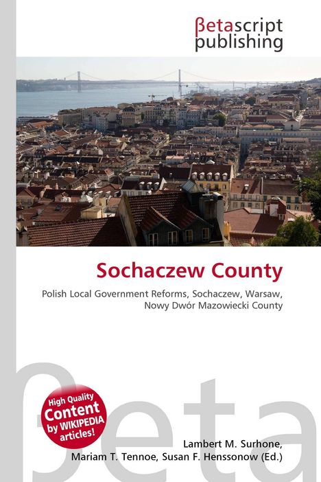 "Sochaczew County" in Rot, darunter beschreibender Text. Oben ein Logo. Stadtansicht mit Brücke, dicht stehende Gebäude.