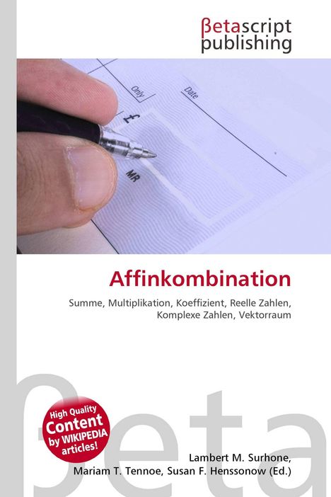 „Affinkombination“ in roter Schrift, Begriffe darunter: Summe, Multiplikation, Koeffizient; Hand schreibt auf Papier.