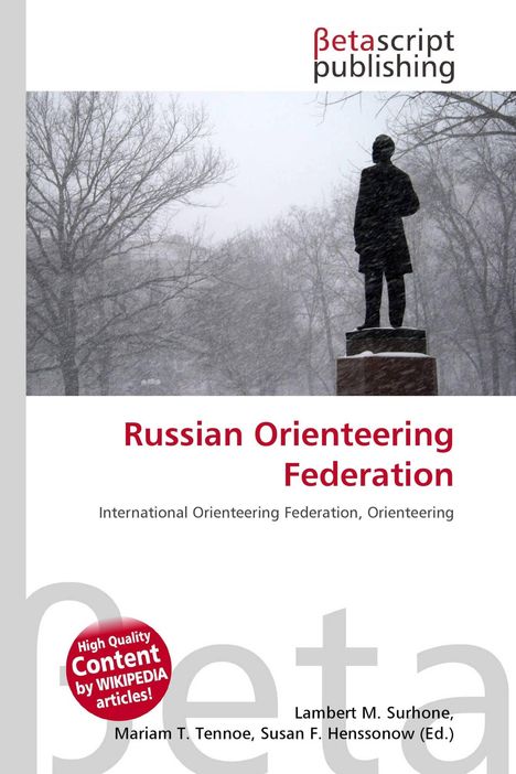"Russian Orienteering Federation" in roter Schrift. Eine Statue unter kahlen Bäumen im Schnee im Hintergrund.