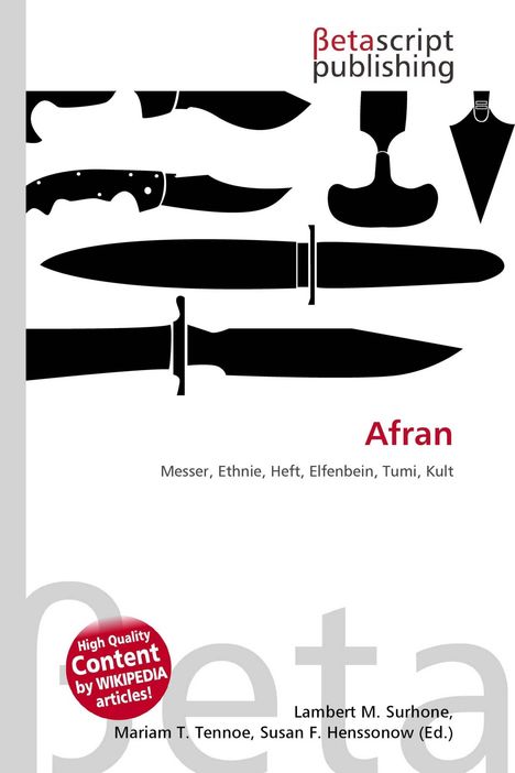 Text: "Afran", "Messer, Ethnie, Heft, Elfenbein, Tumi, Kult." Schwarze Silhouetten verschiedener Messer oben. Logo: "Betascript publishing".