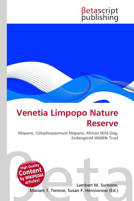 "Venetia Limpopo Nature Reserve", mit Naturmotiven in Blau und Weiß, und dem Logo von Betascript Publishing.