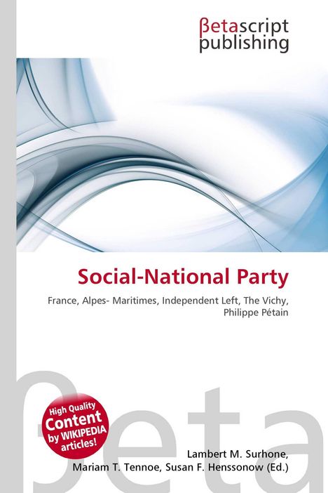 "Social-National Party" in Rot, darunter Orte und Namen, oben "Betascript Publishing" Logo. Hintergrund abstrakte blaue Linien.