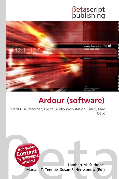 "Ardour (software)", "Hard Disk Recorder, Digital Audio Workstation", rotes digitales Muster, dynamische Linien, weißer Hintergrund.