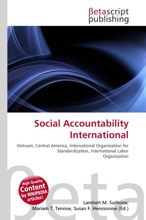 "Social Accountability International." Abstrakte blaue Wellen, Logo: Betascript Publishing.