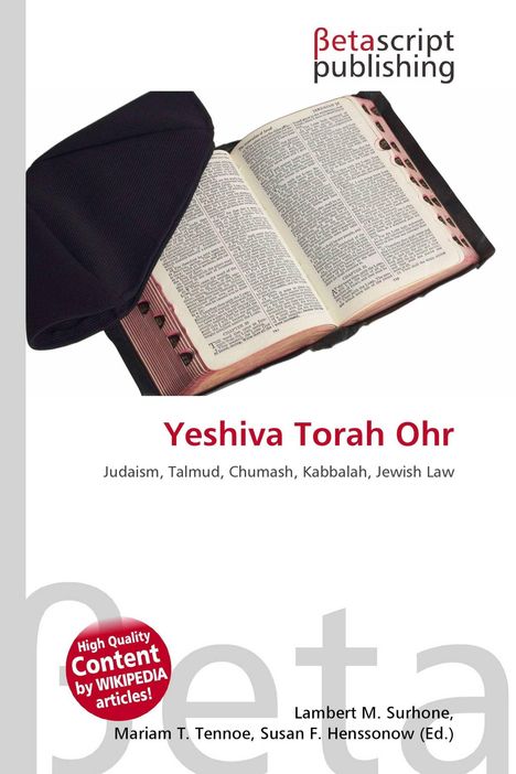 "Yeshiva Torah Ohr" und Begriffe zu Judentum. Eine geöffnete Bibel mit schwarzem Tuch daneben. Logo oben rechts.