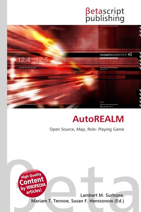 „AutoREALM: Open Source, Map, Role-Playing Game“ steht in der Mitte. Rotes, dynamisches Design und BetaScript-Logo oben.