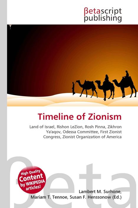 "Timeline of Zionism" und Begriffe wie "Land of Israel" in rotem Text; Illustration mit Kamelkarawane vor Sonnenuntergang.