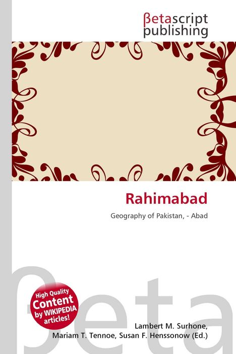 "Rahimabad: Geography of Pakistan, - Abad" zentral, mit rotem, floralem Randmuster oben und links unten.
