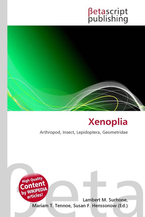 "Xenoplia" in Rot, Betascript Publishing Logo, Hintergrund mit grünen und schwarzen Wellen.