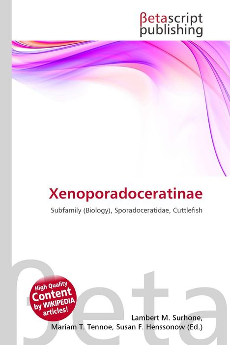 „Xenoporadoceratinae“ oben, rote Buchstaben. Darunter „Subfamily (Biology), Sporadoceraditae, Cuttlefish“. Farbiges Logo oben.