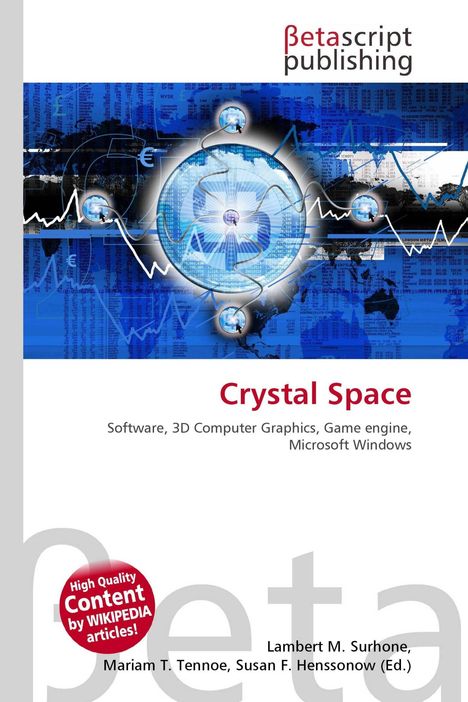 „Crystal Space: Software, 3D Computer Graphics, Game engine, Microsoft Windows.“ Grafik mit blauen Tech-Motiven.