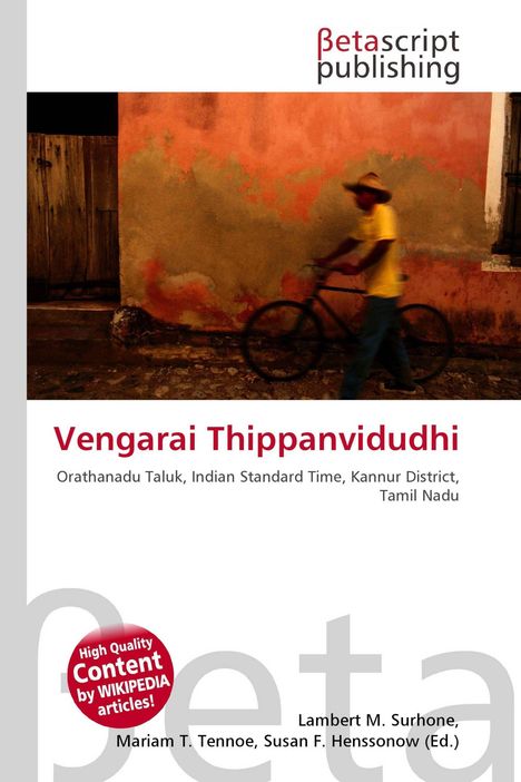 „Vengarai Thippanvidudhi“, roter Text auf weißem Hintergrund. Ein Mann fährt an einer bunten Wand vorbei.