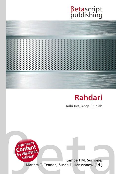 Cover von Betascript Publishing, "Rahdari", darunter Namen der Autoren. Metallisch-perforiertes Band als grafisches Element.