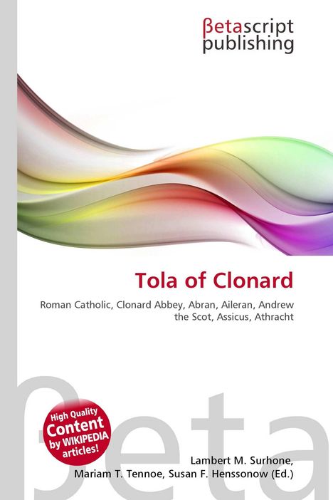 "Tola of Clonard" steht in Rot auf weißem Hintergrund. Darüber: Bunte, geschwungene Linien, Text darunter erläutert religiöse Themen.