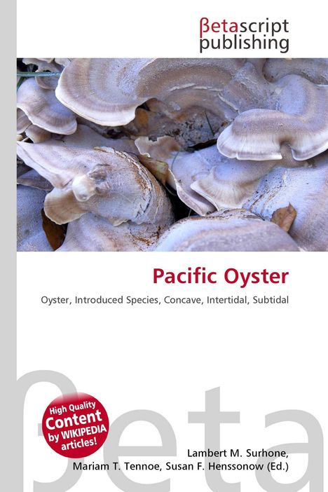 „Pacific Oyster“ in rotem Text, darunter Eigenschaften wie „Oyster, Introduced Species“. Verlagslogo oben. Muscheln sichtbar.