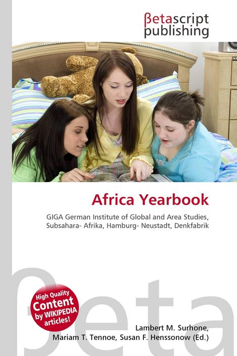 "Africa Yearbook" oben, daneben drei Frauen, die auf einem Bett ein Buch lesen. Betascript Logo oben rechts.