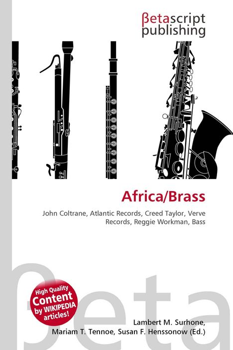 "Africa/Brass" in roter Schrift, Musikerkredite darunter. Oben links "Betascript Publishing", Blasinstrumente in Schwarz-Weiß.
