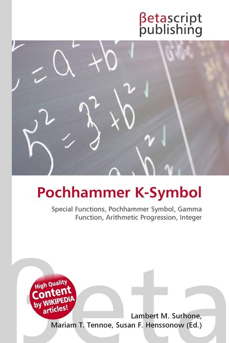Text: "Pochhammer K-Symbol" und "Betascript Publishing" mit mathematischen Formeln auf einer Tafel im Hintergrund.