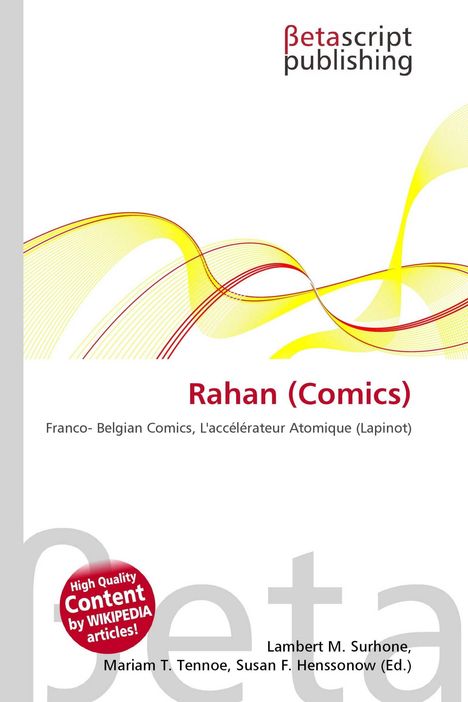 "Rahan (Comics)" und "Franco-Belgian Comics" in roter und schwarzer Schrift, wellenförmige gelbe und rote Linien im Hintergrund.